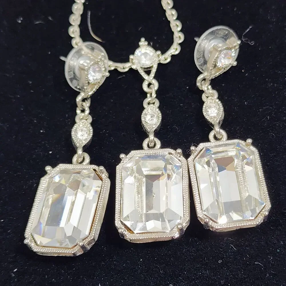Necklace Earrings Set Faceted Crystal Rectangle Emerald Cut Drop ST 2028 Vintage